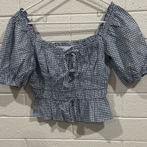 Storia Navy Checkered Smocked Blouse